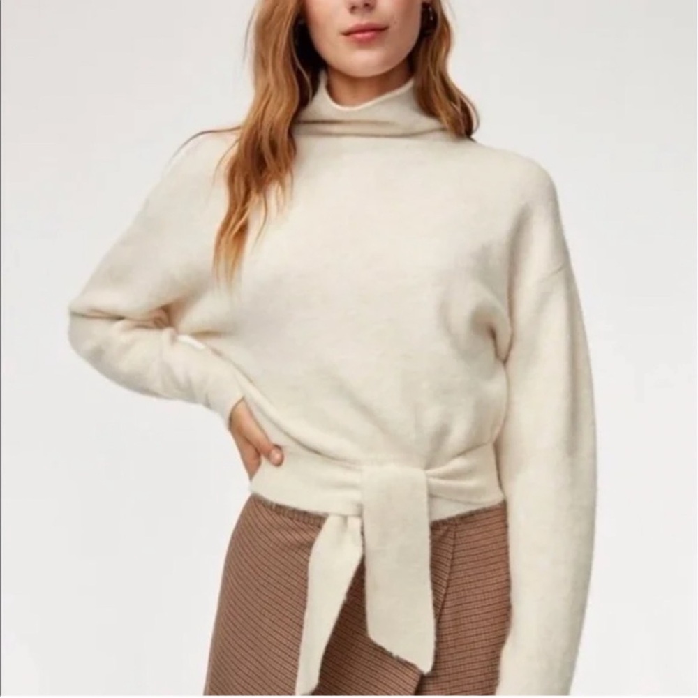 Aritzia Wilfred Cream Lorin Cowl Neck Tie Waist Sweater L